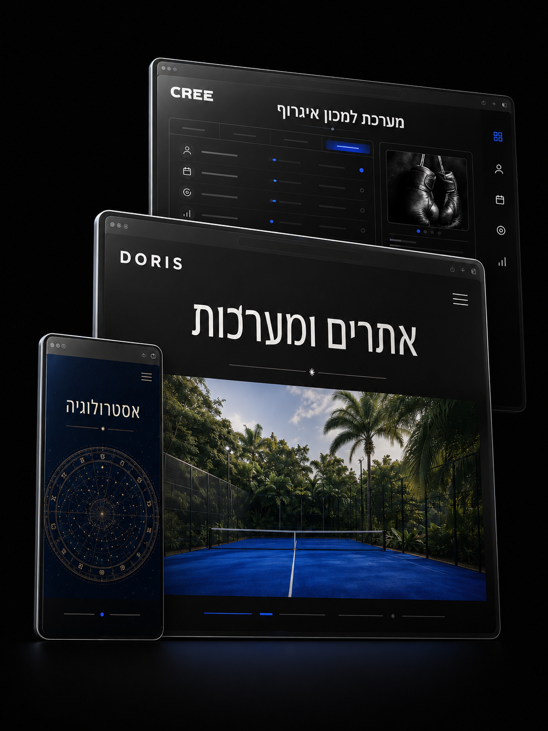 המחשה עיצובית של אתרים ומערכת CREE בחלונות דפדפן מדורגים